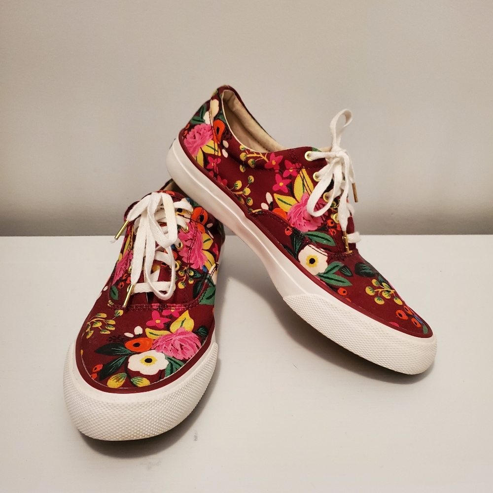Keds Floral Pattern Maroon, Pink, Green Canvas Sneakers, 8.5